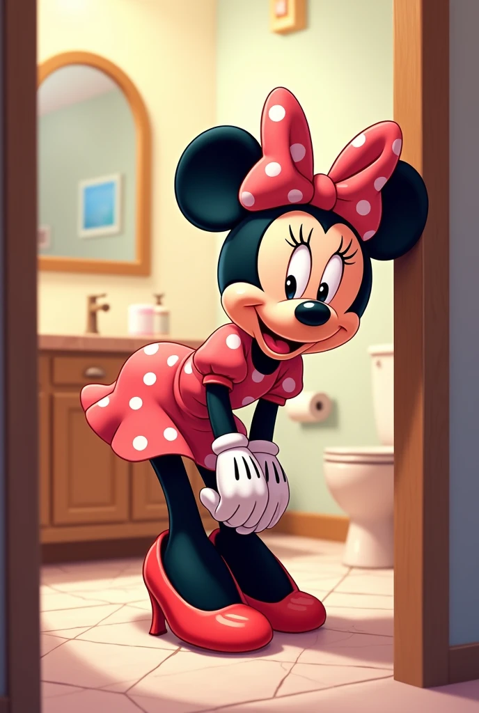 Disney character Minnie Mouse in the bathroom standing and bending down to touch her shoes