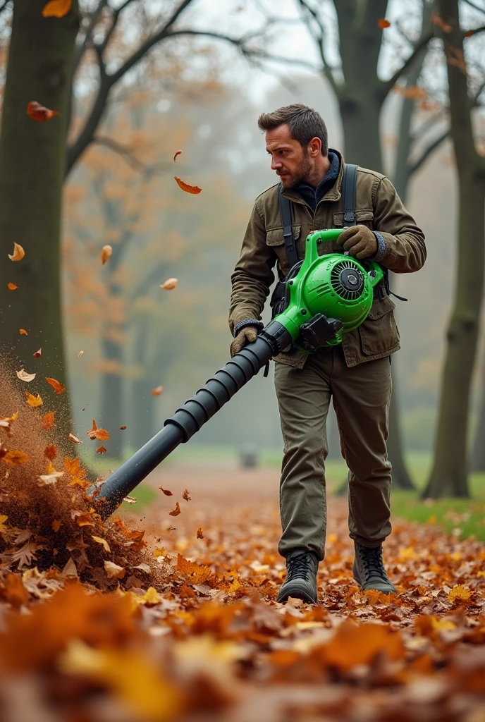Create image with man blowing leaves with a 2200w PARKSIDE green blower the blower 