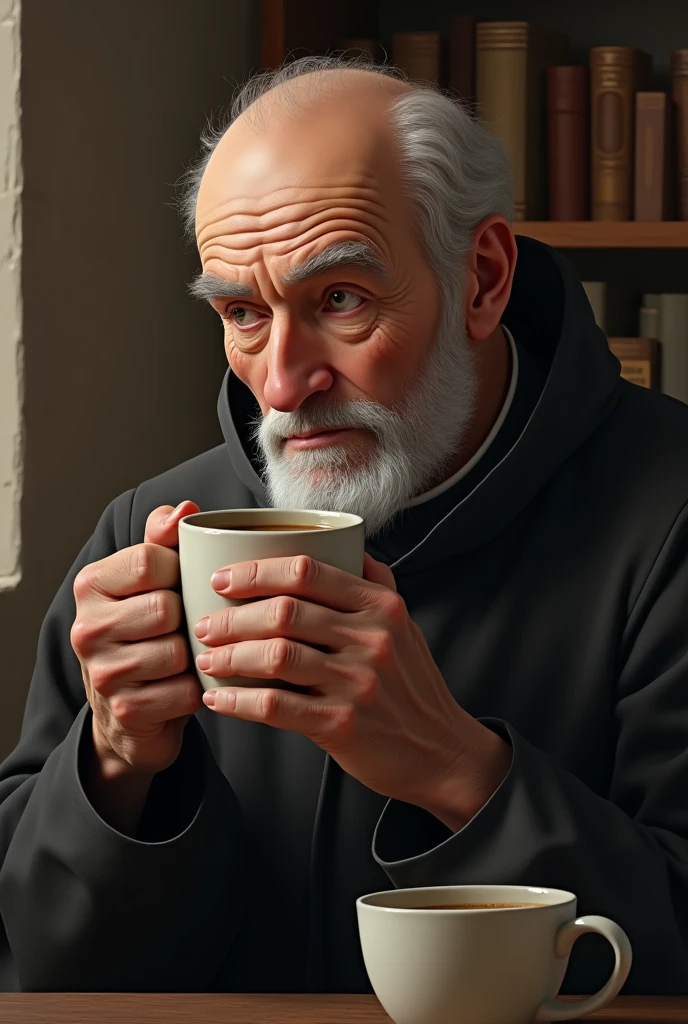 creates an image of an old Jesuit with a little baldness, Without beard, drinking coffee without a beard without a beard without a beard



