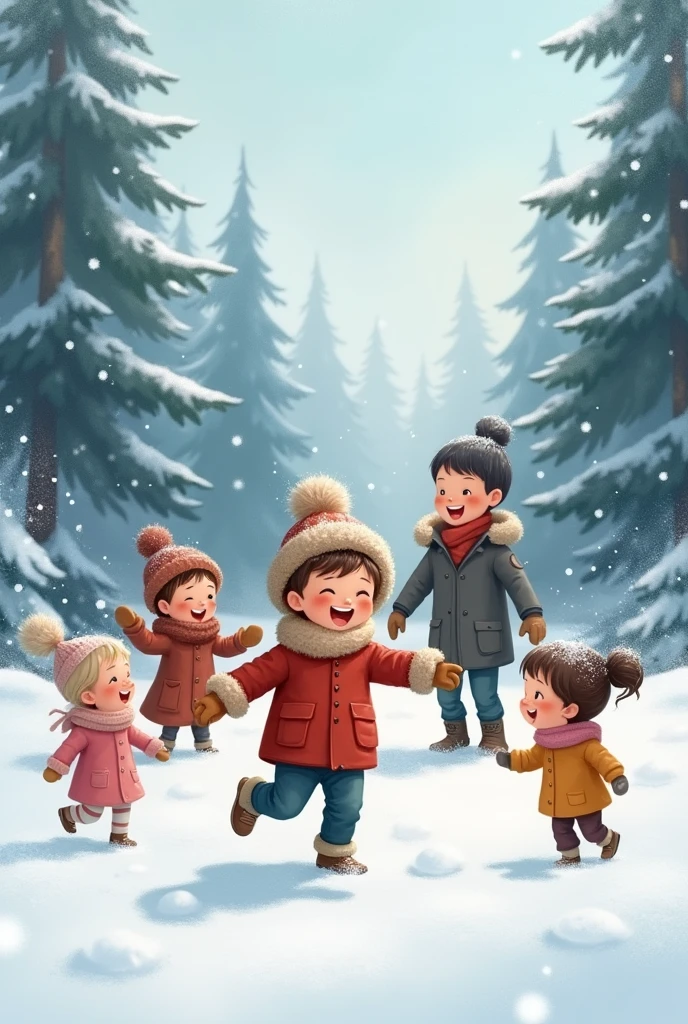 a child playing in the snow with his family and siblings