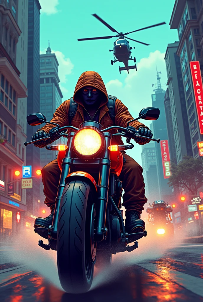 game cover, Faction, BANDITS ON A hortlnet motorcycle, brazil, helicopter escape, gta style, No realism,