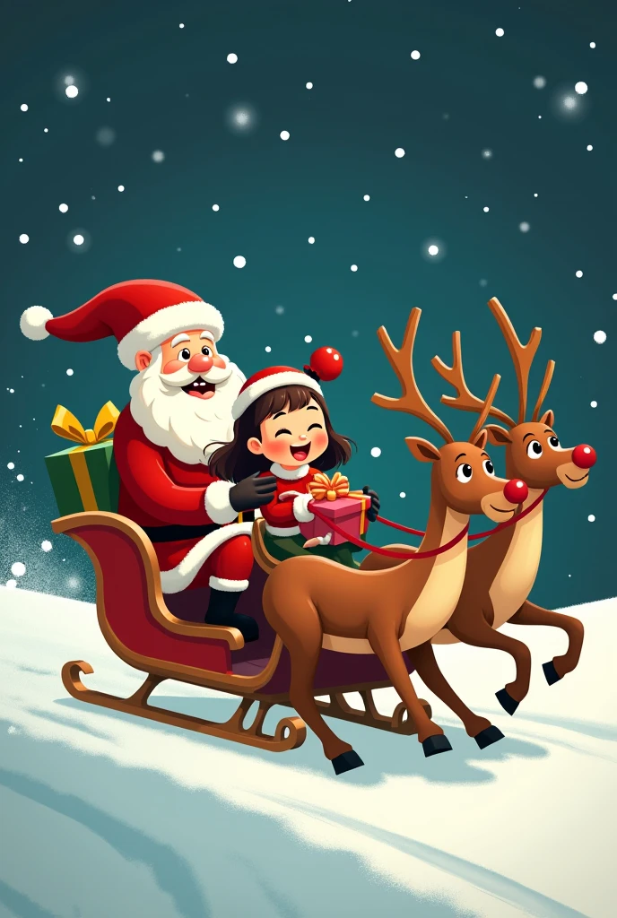 بنت سعيد يرتدي لباس الكريسماس ويمسك بيده هديه يركب مزلقه Santa Clause الطائره تجرها حيوان الرنا المسرعه وبجواره Santa Clause ظريف يقود العربه مبتسم بطريقه ساخره ومرسوم بفن الخط والرسوم المصوره عناصر عيد الميلاد, Santa Clause Reindeer pulls sleigh black background, Simplified illustrated image of a group of