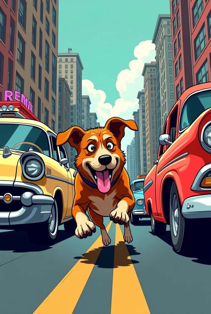 as if it were a dog running between cars in a comic book