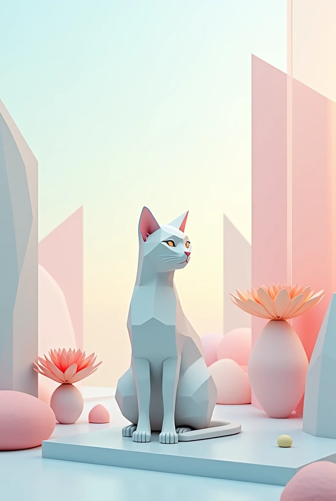 2d geometric art of a cat sitting in geometric glass landscape with pastel colors a flower beside it in 2d geometric shape