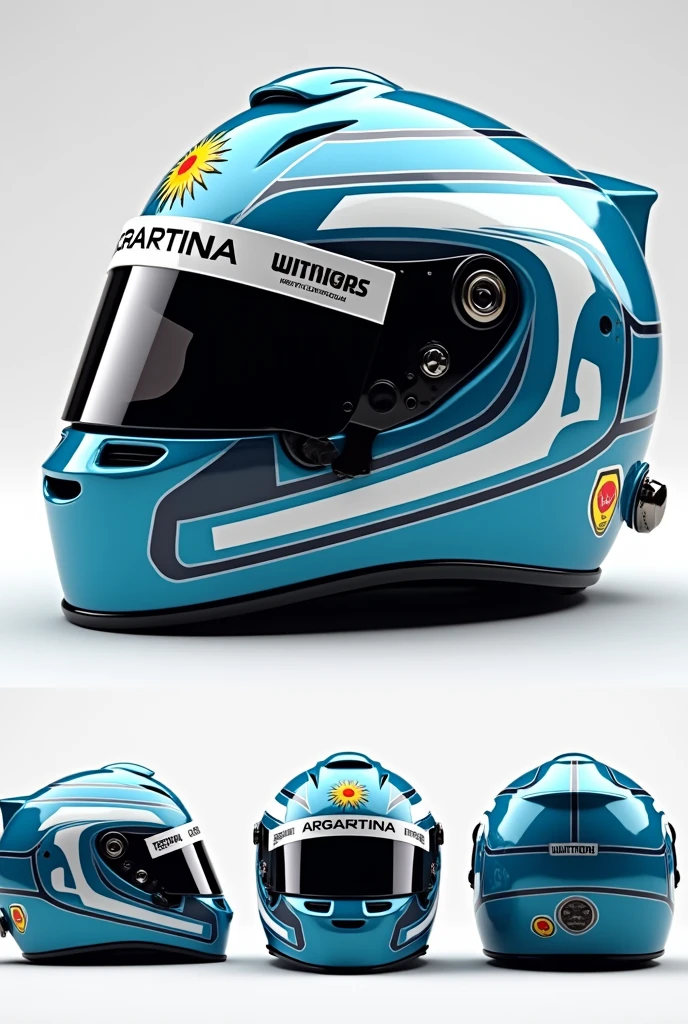 F1 helmet design. celeste, blue and white, White accent. Stylish vector sun symbol on top representing Argentina and williams make it stylish, luxurious, and spirit f1. Include above, side, back view. Text. Colapinto