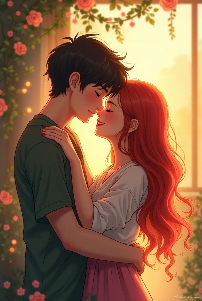 Girl and boy hugging in love red hair