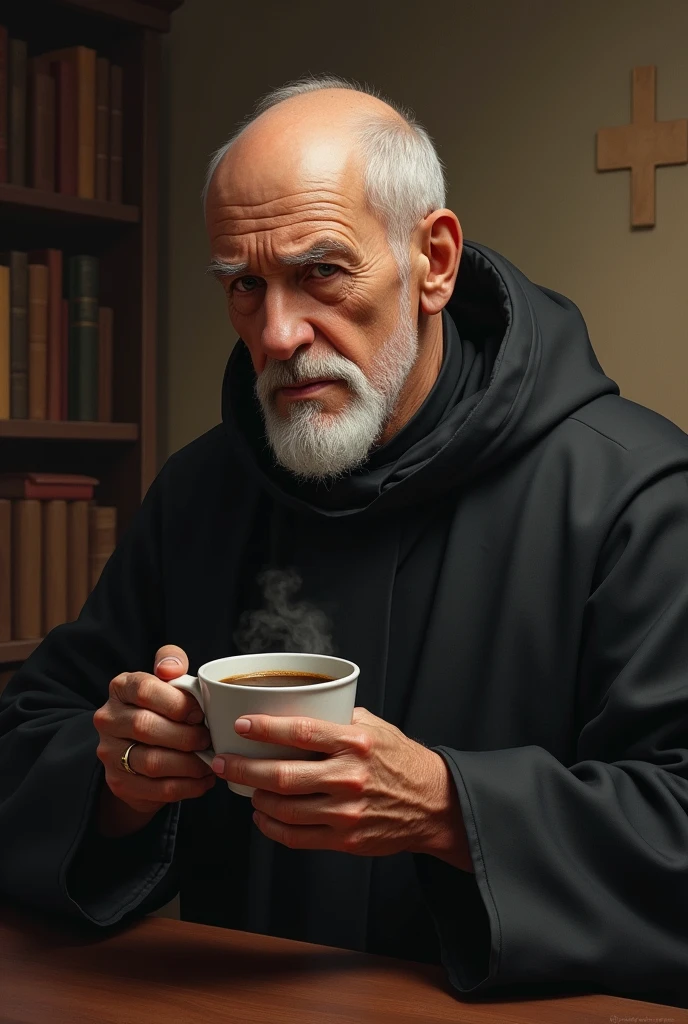 creates an image of an old Jesuit with a little baldness, Without beard, drinking coffee without a beard without a beard without a beard