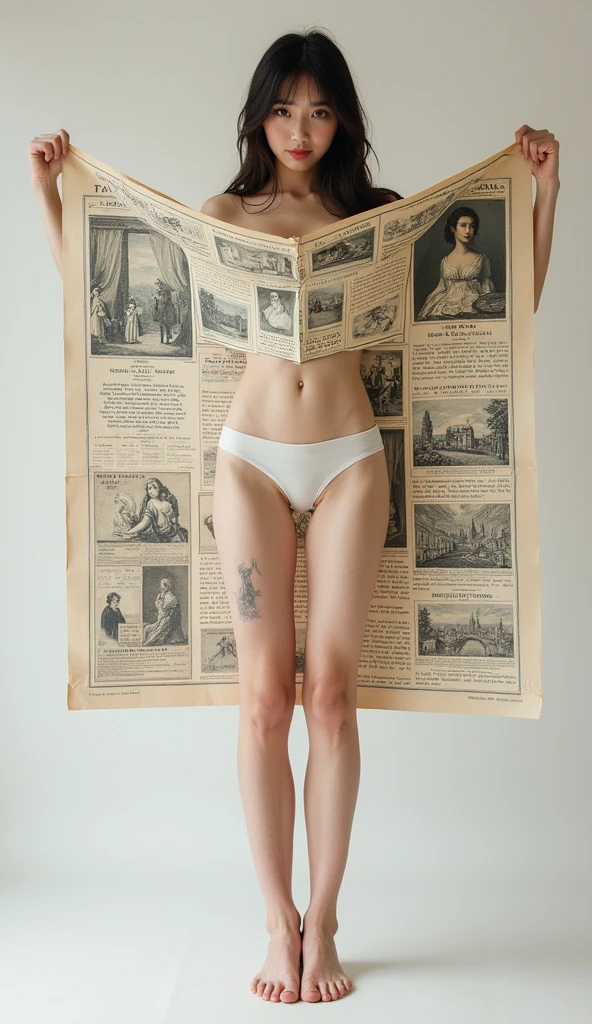 realistic photo, detailed photo, 1 beautiful Japanese woman, full body photo, simple background. look at the viewer:1.1, front view:1.2, ((( a woman put the large poster on her underwear body, off-shoulder underwear, size of large poster is very big, she hide her shoulder and foot behind the large poster, she looks embarrass, larger poster has English novels and drawings and design on it)))
