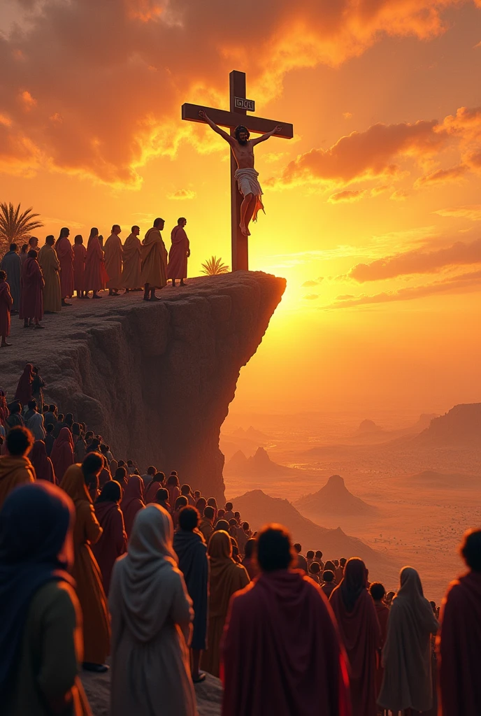 Jesus Christ on the cross on top of a cliff, and below a crowd of people from all over the world , on a desert sunset the sky is in shades of orange, looking at christ in perpecific behind the cross 