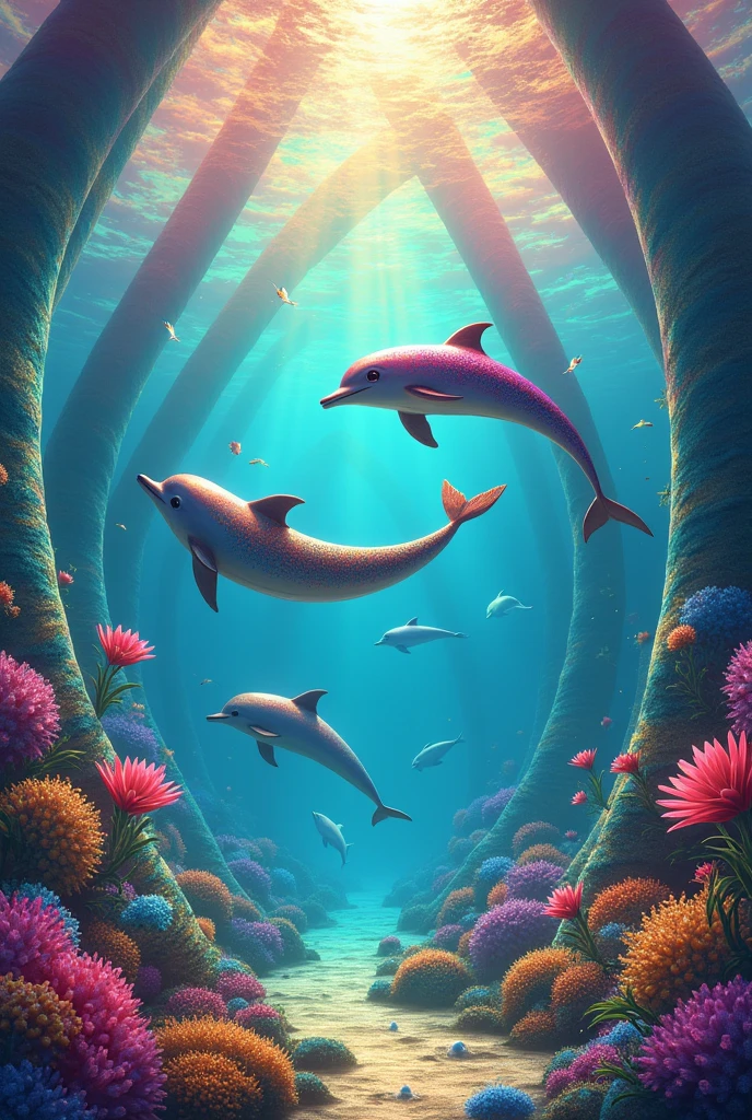 Super colorful place with dolphins and rainbows More color