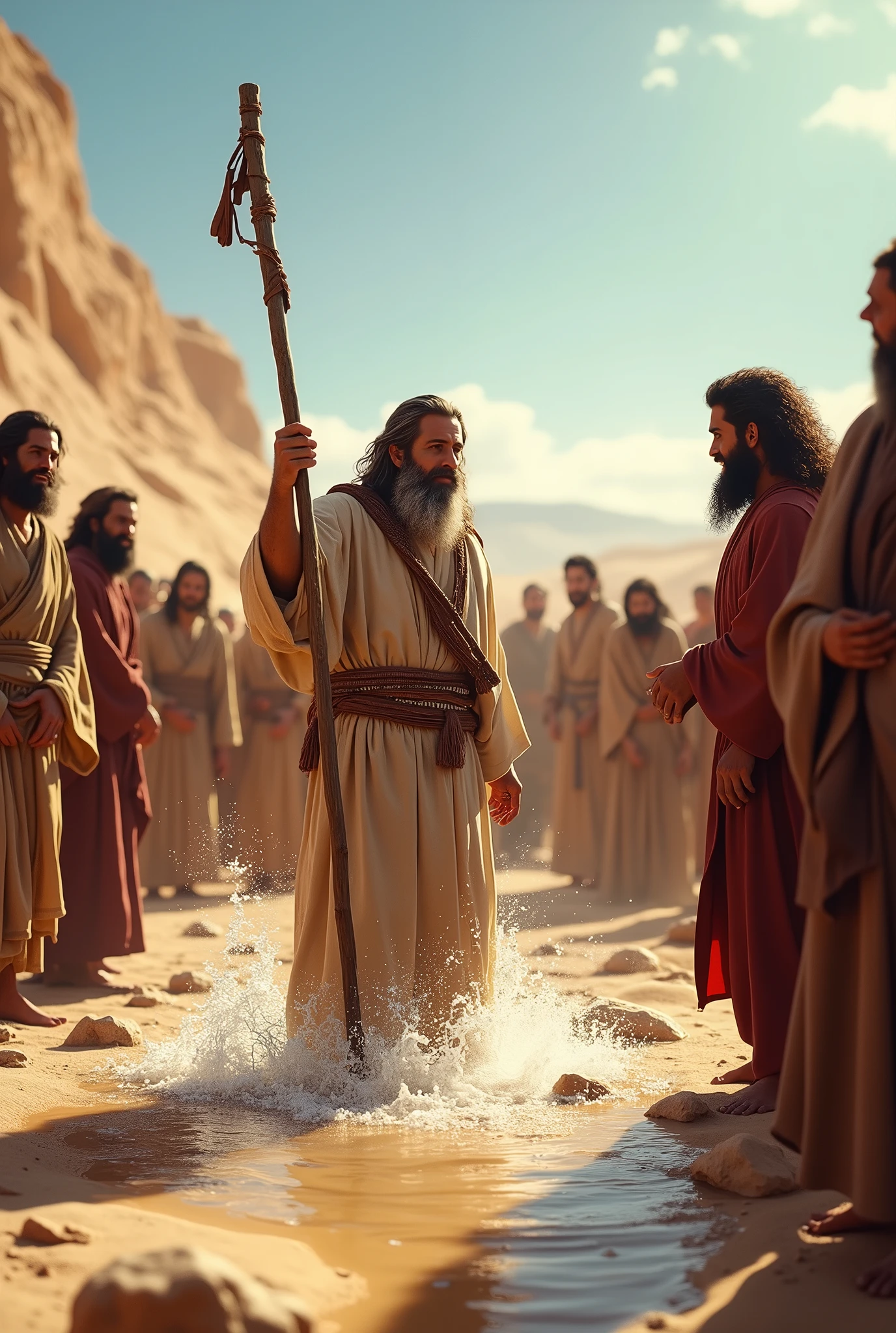 Uma cena realista mostra moisés no deserto batendo em uma rocha com seu cajado, from where water begins to gush. moisés, with a long beard and simple clothes, is surrounded by the people of Israel, expressing surprise and joy while collecting water. The scene is arid, with sand, stones, and a clear sky under the strong desert sun.