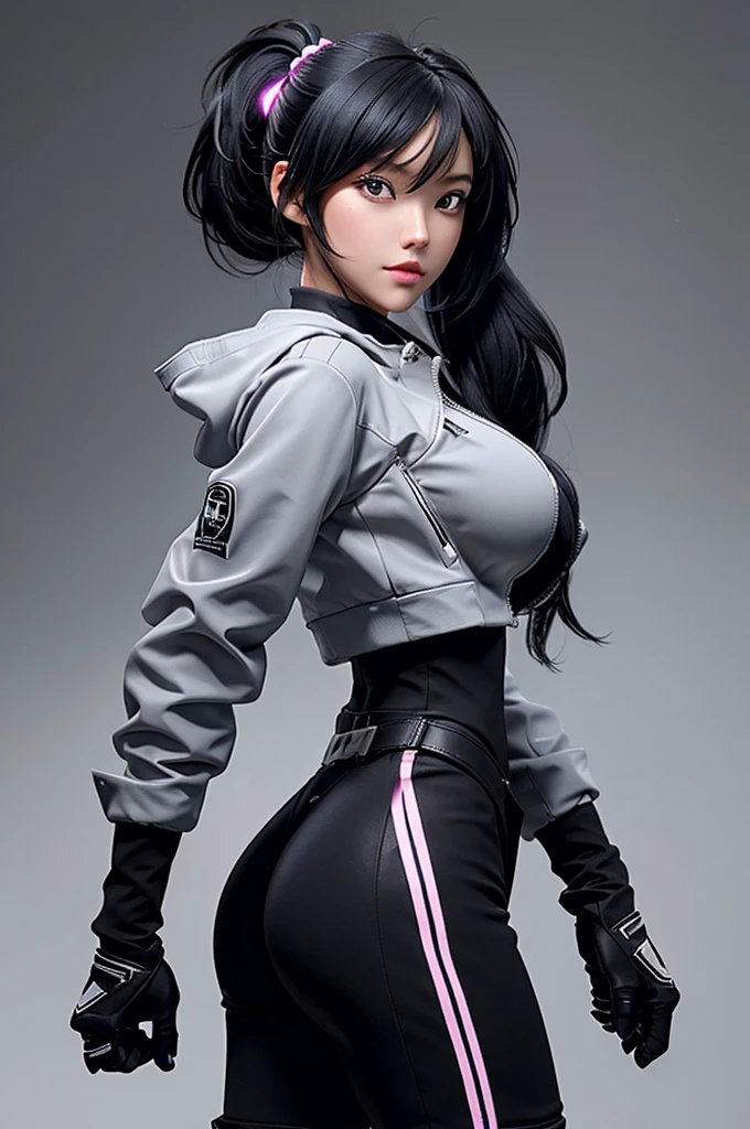 Eve, stellar blade, 8k,highres, 1girl, front lighting, simple background, gray background, looking at the viewer, jacket, bodysuit, black hair and dark black hair, fringe, hair tied in ponytail style, video game, heels, ps5, gloves, ass, boobs.
