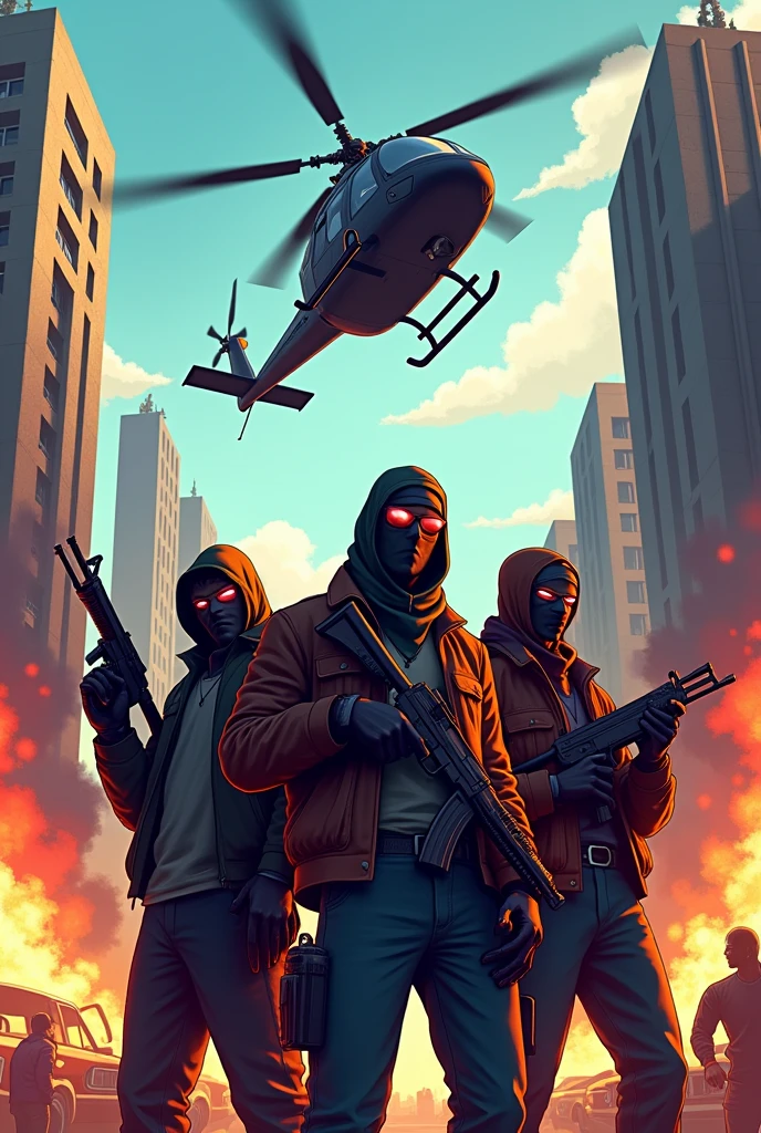game cover, Faction, BANDITS IN AN African twin, brazil, helicopter escape, gta style, No realism,