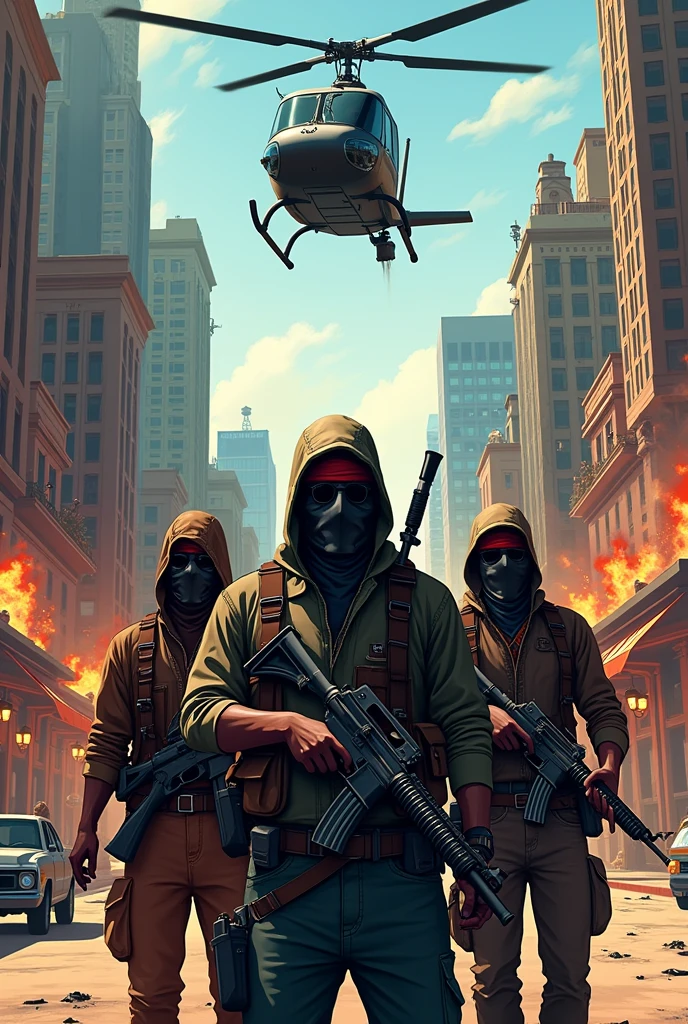 game cover, Faction, BANDITS IN AN African twin, brazil, helicopter escape, gta style, No realism,