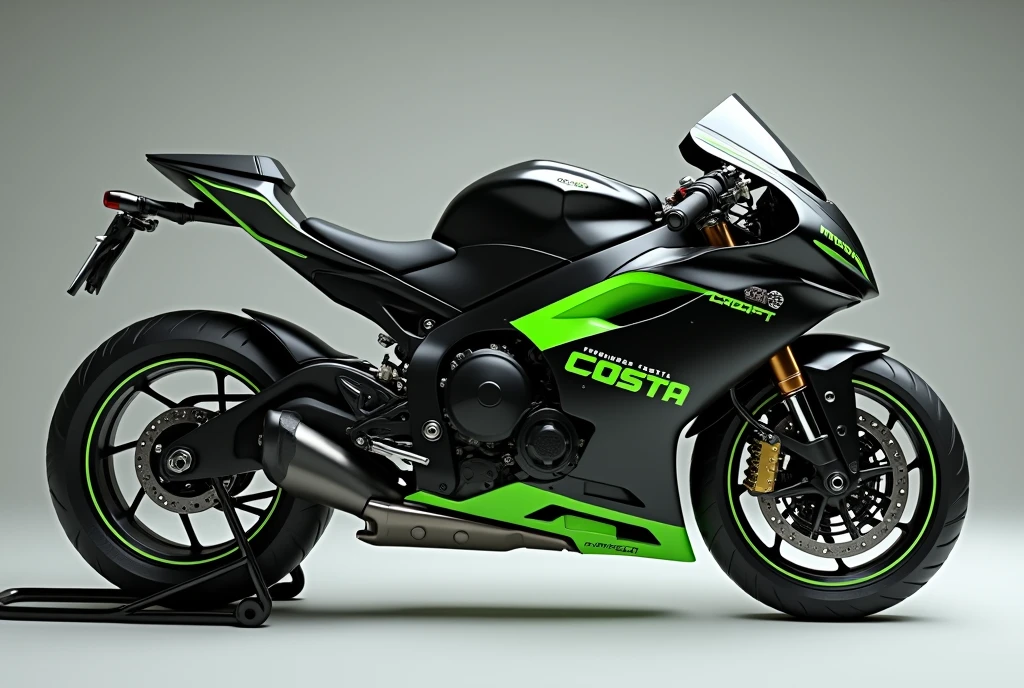 Prompt: A modern sports motorcycle, personalized with the name "Fernandes Costa" highlighted on the side. The main colors of the bike are black and green, with an aggressive and aerodynamic design. The structure of the motorcycle is robust, with matte black metallic finishes and vibrant green accents on the contours and tires. the name "Fernandes Costa" is stylized on the side fairing, using modern and bold typography. The background is neutral, highlighting the colors of the bike.