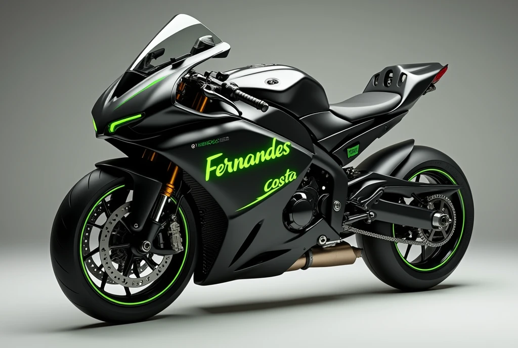 Prompt: A modern sports motorcycle, personalized with the name "Fernandes Costa" highlighted on the side. The main colors of the bike are black and green, with an aggressive and aerodynamic design. The structure of the motorcycle is robust, with matte black metallic finishes and vibrant green accents on the contours and tires. the name "Fernandes Costa" is stylized on the side fairing, using modern and bold typography. The background is neutral, highlighting the colors of the bike.