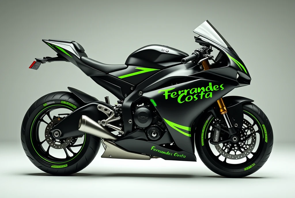 Prompt: A modern sports motorcycle, personalized with the name "Fernandes Costa" highlighted on the side. The main colors of the bike are black and green, with an aggressive and aerodynamic design. The structure of the motorcycle is robust, with matte black metallic finishes and vibrant green accents on the contours and tires. the name "Fernandes Costa" is stylized on the side fairing, using modern and bold typography. The background is neutral, highlighting the colors of the bike.