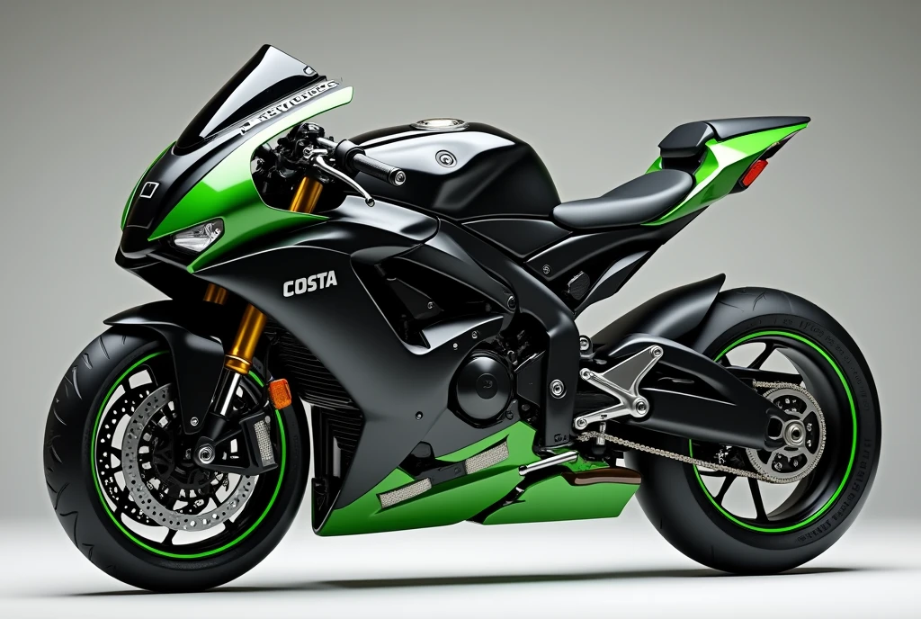 Prompt: A modern sports motorcycle, personalized with the name "Fernandes Costa" highlighted on the side. The main colors of the bike are black and green, with an aggressive and aerodynamic design. The structure of the motorcycle is robust, with matte black metallic finishes and vibrant green accents on the contours and tires. the name "Fernandes Costa" is stylized on the side fairing, using modern and bold typography. The background is neutral, highlighting the colors of the bike.