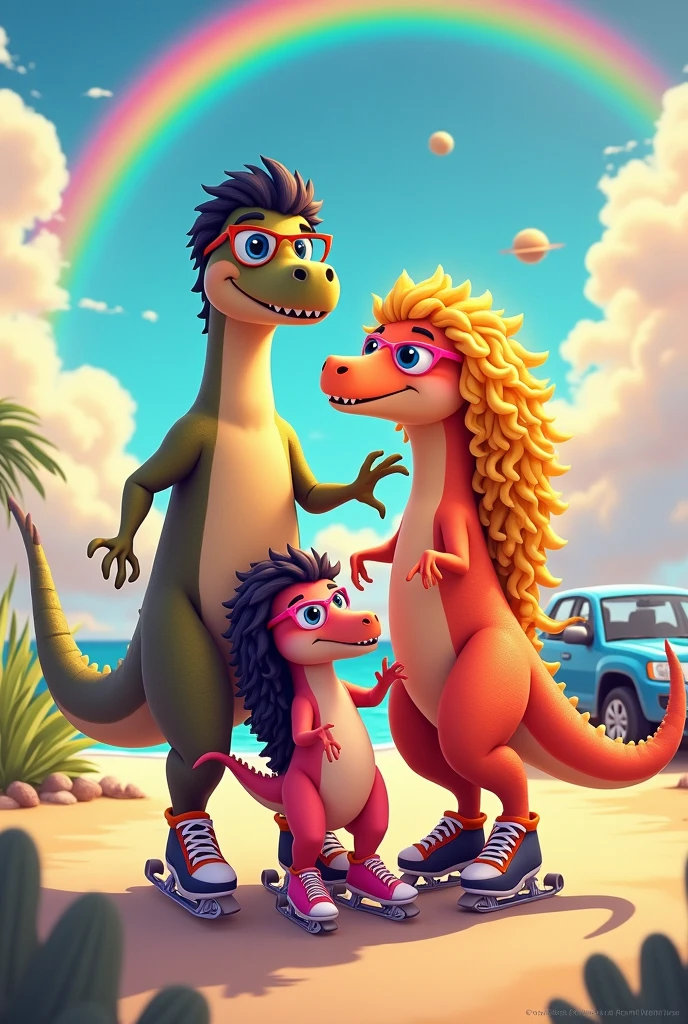 Tall muscular dinosaur father, Bblack hair, Wearing blue glasses, on skates. Tall beautiful pink dinosaur mother, long curly blonde hair, Wearing Pink Glasses, pernas torneadas on skates . Light pink daughter dinosaur, Wearing Pink Glasses, Bblack hair cacheado longo em cima de patinete. Bright orange sun in the sky, very beautiful rainbow, medium moon and Jupiter. Car behind and beach landscape.
In this image there are 3 dinosaurs in total.