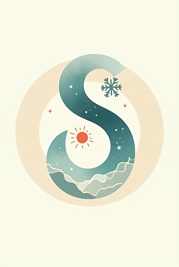 A letra "S" where in the first curvature on the right side there is a snow symbol proportional to this curve and in the other lower curvature on the left side a sun with the same characteristics as the snow symbol, and a circle surrounding everyone.