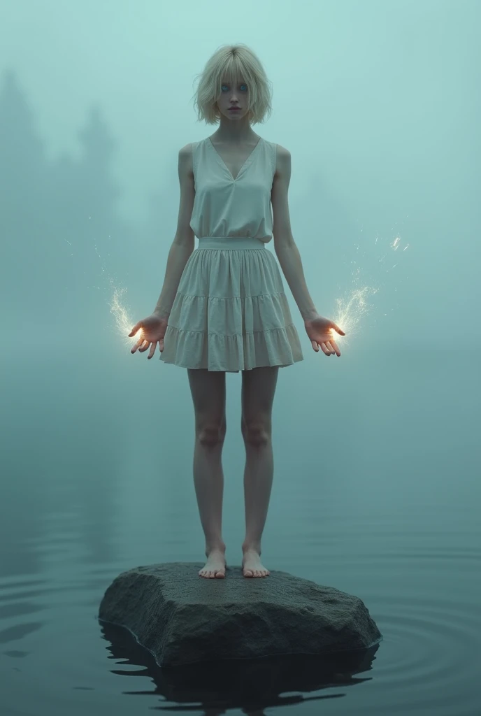 (photorealism:1.2), beautiful woman, swedish, blonde,sad, pensive, assistant, short pleated skirt, 18yo, (standing on a floating rock), hands outstretched projection,looking at camera, short hair, glowing blue eyes, full body