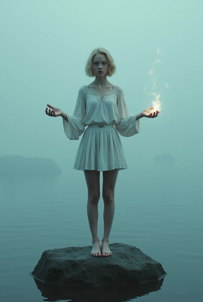 (photorealism:1.2), beautiful woman, swedish, blonde,sad, pensive, assistant, short pleated skirt, 18yo, (standing on a floating rock), hands outstretched projection,looking at camera, short hair, glowing blue eyes, full body
