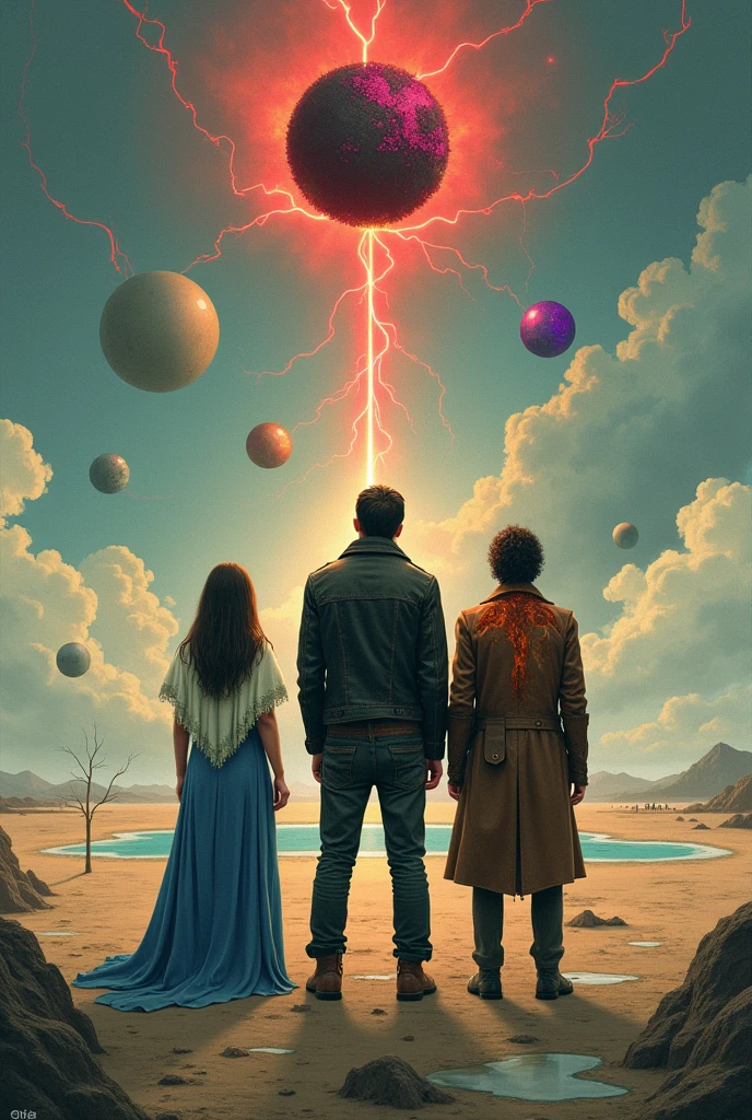 Une terre, qui est entourée des éléments : terre, eau, vent, feu, et ombre. 
Met du feu a côté, de l'eau, une boule noire et violette, transpercée par un éclair rouge en face d'eux.
Tous ces éléments ne se touchent pas. Ils sont éparpillés sur l'ensemble de l'image.
Ils y a trois personnes : deux hommes de dos et une femme de dos aussi.
Le plus grand de deux est au centre, avec une veste en cuire usée couleur marron. 
L'autre homme est à sa gauche est un peu moins grand. Il a les cheveux longs attachés et une longue veste qui prend feu. La fille a droite a une robe bleue avec un tissu blanc sur l'épaule. Elle est à côté d'une flaque d'eau.
Un seul éclair est rouge et immense en face d'eux.