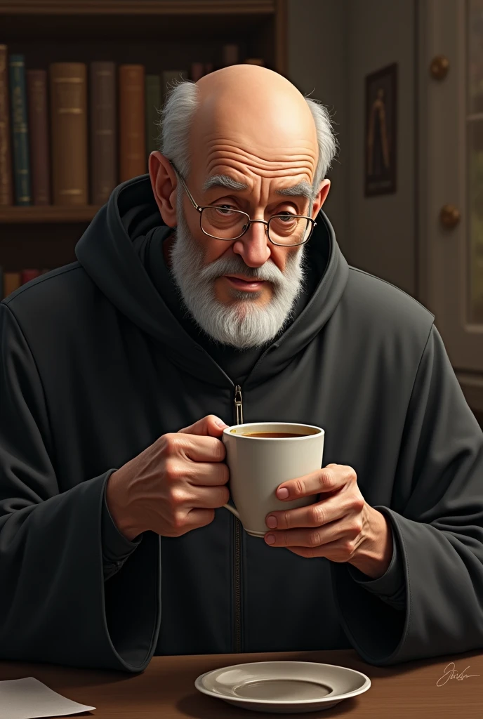 creates an image of an old Jesuit with a little baldness, Without beard, drinking coffee without a beard without a beard without a beard



