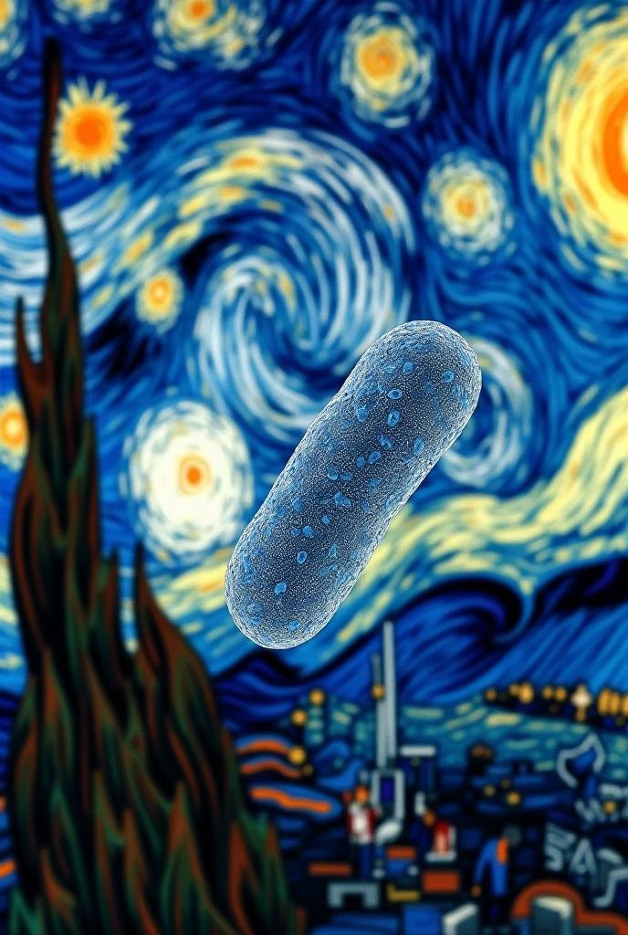 Medical drawing featuring the shigella bacteria and decorated with Van Damme's starry night