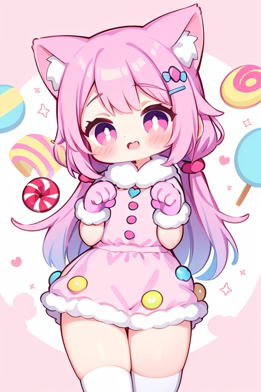 1girl, solo, sweet and cute character design, digital illustration in a pink themed style, cat-eared girl with pastel pink fur, oversized candy-shaped hair clips, sparkling big eyes with a sugary glint, a button nose, playful and cheerful expression, cotton candy-colored hair with twists or curls, pastel pink and white striped outfit resembling a candy wrapper, lollipop-shaped accessories, paw-shaped mittens or gloves with candy details, knee-high socks with candy patterns, whimsical and sugary background with floating cats, gumdrops, and fluffy clouds, capturing the delightful and sugary essence of a cute cat-eared girl in a candy wonderland.