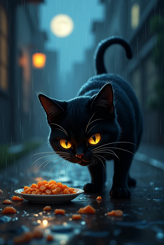 A cat stealing food on a rainy night