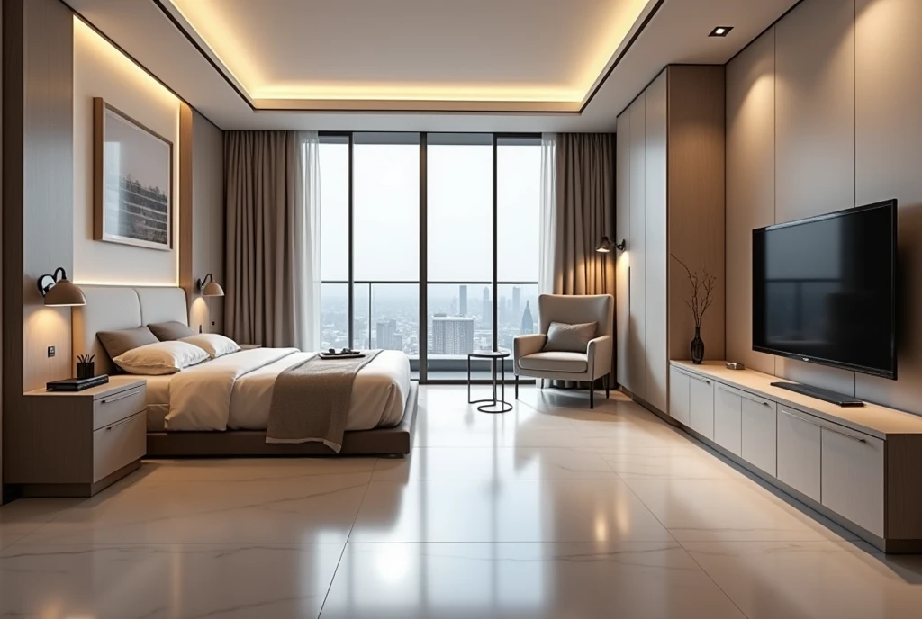 A room in an apartment with expensive and beautiful renovation, modern furniture in Hi-tech style, cabinet, Commode, bed, TV stand,