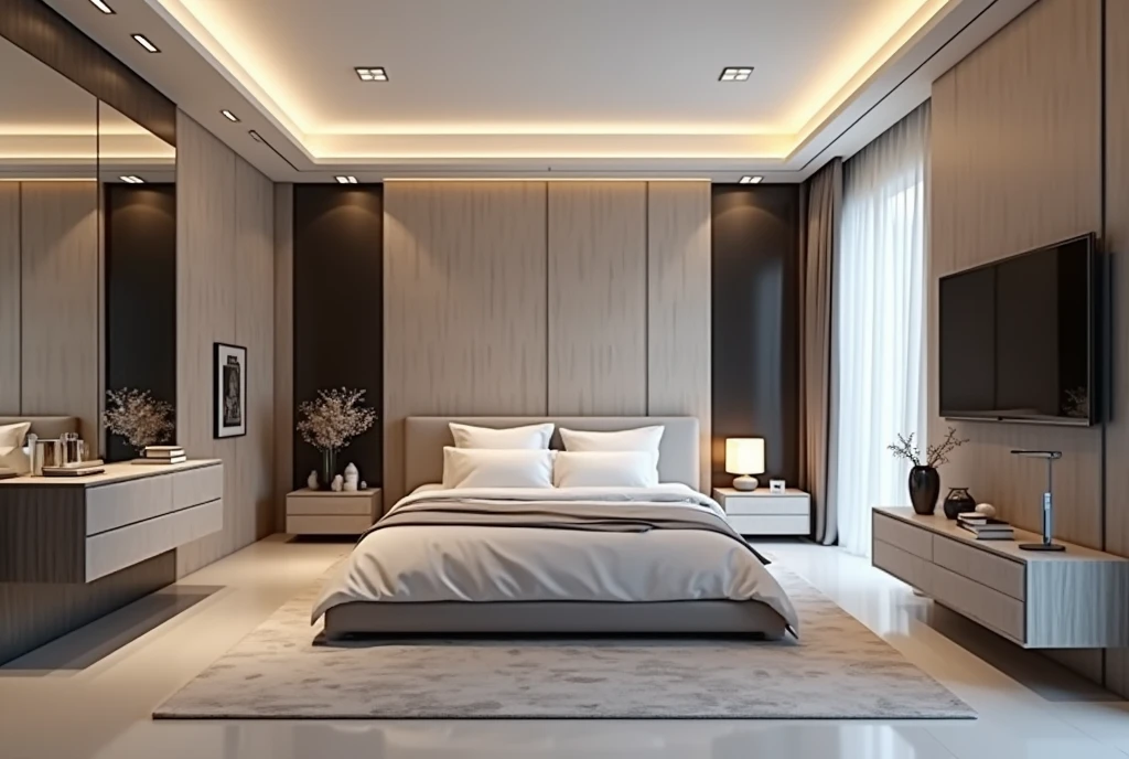 A room in an apartment with expensive and beautiful renovation, modern furniture in Hi-tech style,  cabinet, Commode, bed, TV stand, 
