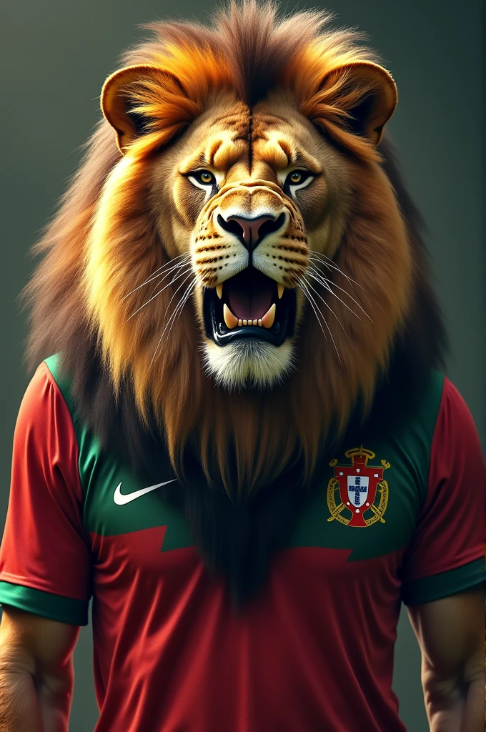 Visualize a robust and imposing lion, His defined muscles show the strength and courage he possesses. His intense eyes convey a stern and spiteful expression., while his defiant stance makes his determination clear. The voluminous mane is highlighted by additional details, like thorns and angular lines, which accentuate its threatening and ferocious appearance.
The lion, even though it has its wild nature, is wearing a Portuguesa Futebol Clube shirt, which presents the design faithful to the team, with the characteristic colors and emblems, completing the powerful and unique image of this majestic animal. This fusion of animal strength and sporting pride creates a stunning performance that captures the attention of everyone around..