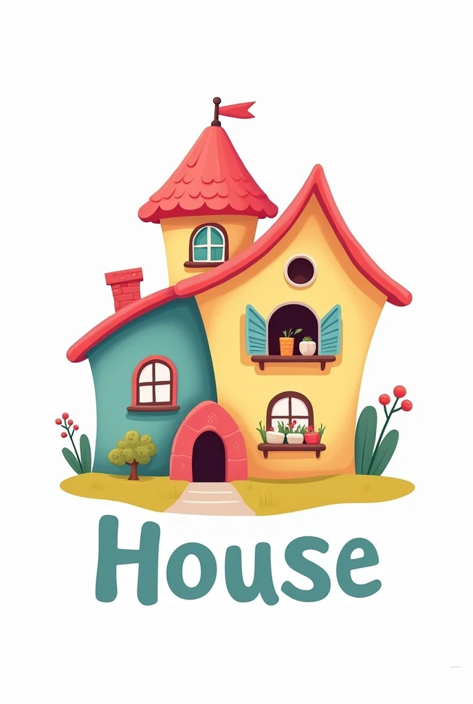 Make a picture of: una House estilo caricatura, The white background. abajo de la House que diga la palabra "House". The letters should be pastel colored and large.