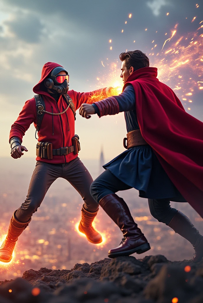 Young Star-lord with red hoodie, headphones, star-lord helmet, gas helmet, covered mouth, round red eyes, Red eyes, magic rings in the hands and rocket boots, Vs. Doctor strange , Fighting, power, fiction, full body, 2 person, magic lasso, hight, fall, fire in boots, poweful spells, fighting, realistic, helmet, mask, red cape, confrontation, punch, gun, flying in the sky