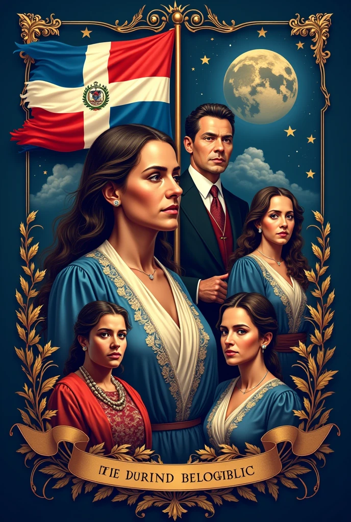 Make me a cover of social sciences with the most historical characters of the Dominican Republic with a dark blue background, add the flag and a little bit of history, and also put many things about our country, put the founding fathers and the Mirales sisters, also put the name of the subject.