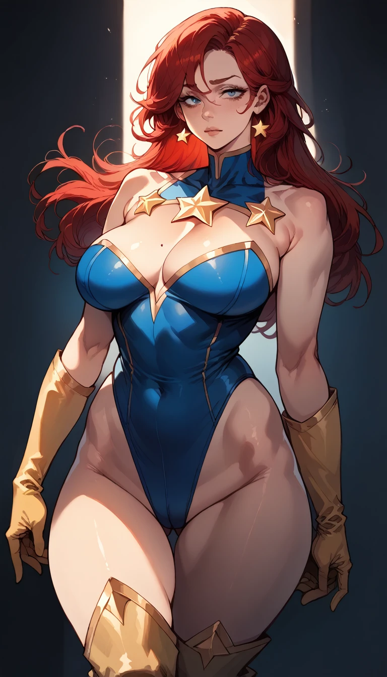 score_9, score_8_up, score_7_up, score_6_up, (((masterpiece))), (((Best Quality: 1.5))), Sexy, Superheroine, Red hair, long hair, busty, plump, curvy, ((blue highleg leotard with a t-back thong and a gold star insignia on chest)), gold boots, gold gloves