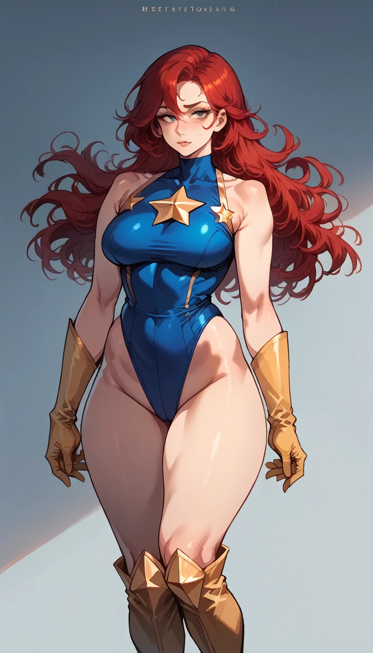 score_9, score_8_up, score_7_up, score_6_up, (((masterpiece))), (((Best Quality: 1.5))), Sexy, Superheroine, Red hair, long hair, busty, plump, curvy, ((blue highleg leotard with a t-back thong and a gold star insignia on chest)), gold boots, gold gloves