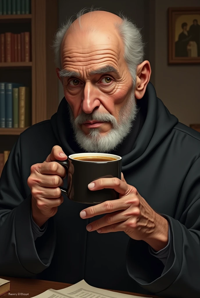 creates an image of an old Jesuit with a little baldness, Without beard, drinking coffee without a beard without a beard without a beard