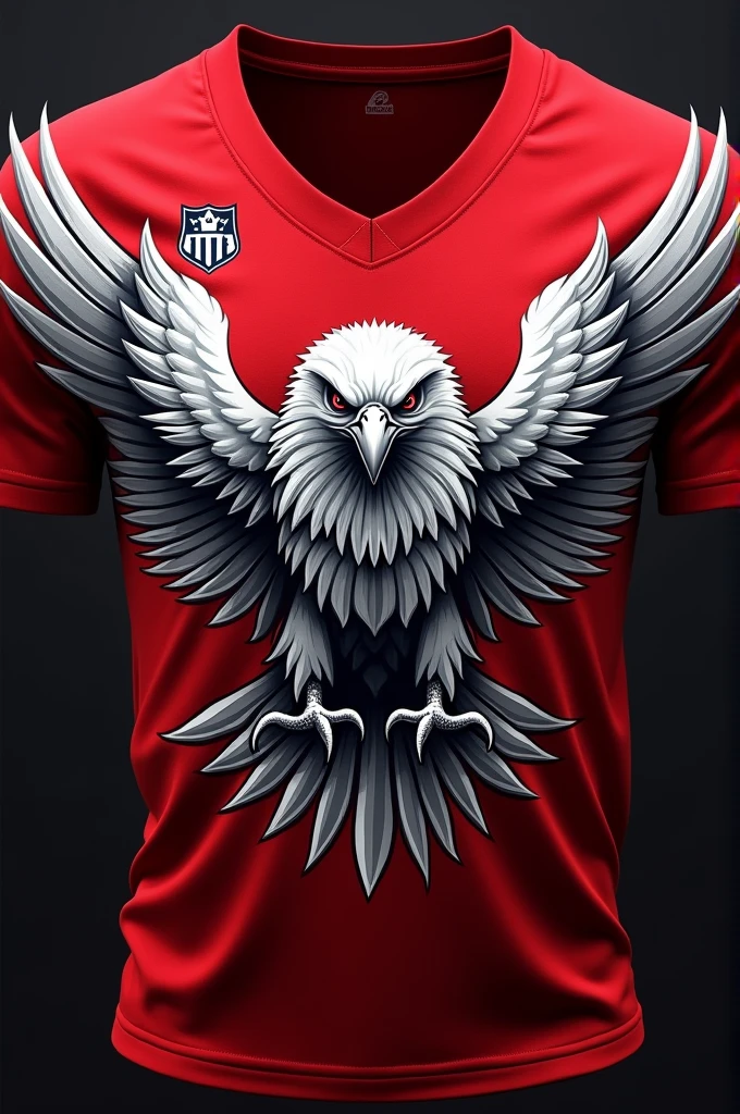 Generate a sports jersey with a large, fierce eagle design on the front, using sharp and detailed feather strokes in shades of white and gray. The eagle should be the main focus, placed against a rich red backdrop. The jersey should red and white color feature a simple V-neck collar and red sleeves. Add a small badge-like emblem above the eagle's head on the left side."