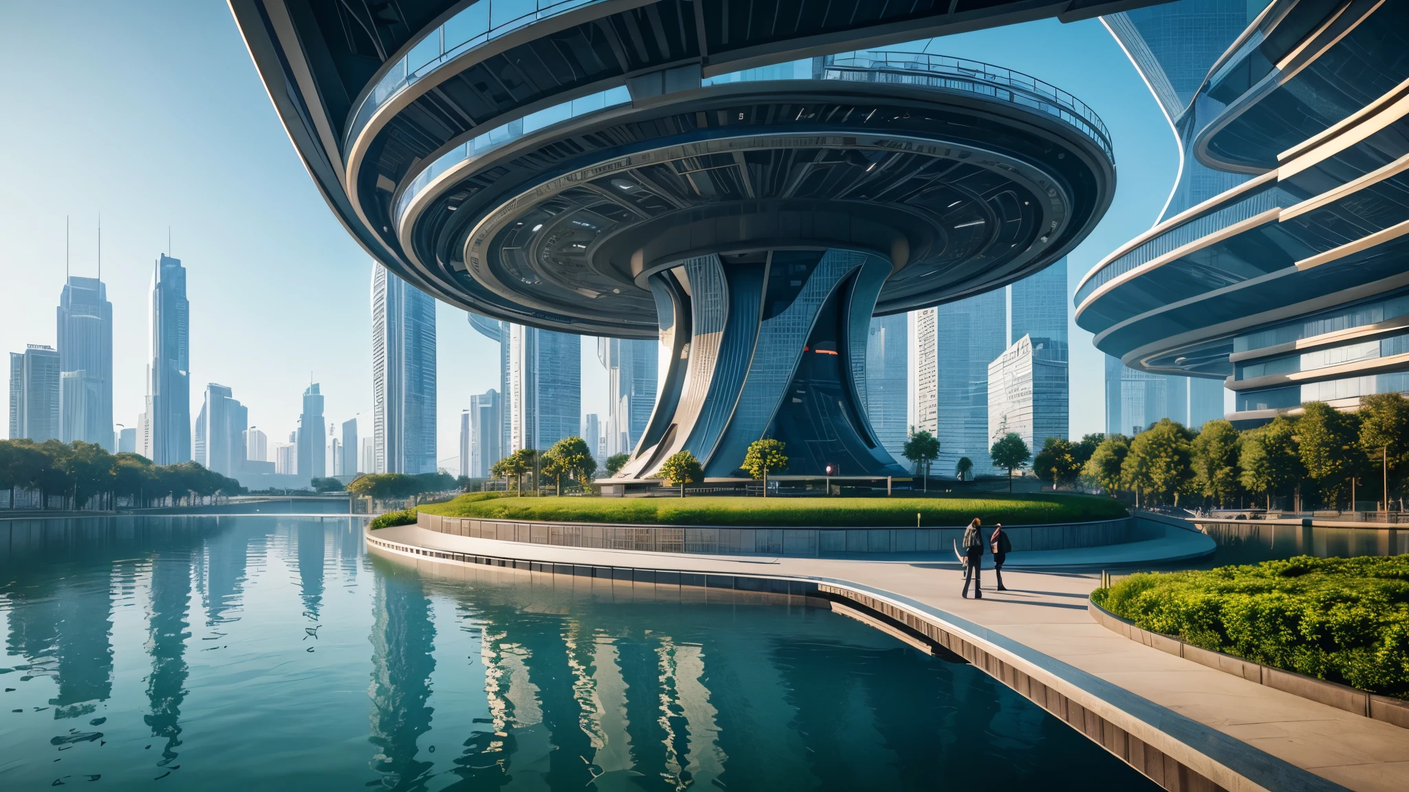 scifi, beautyful futuristic park, architectual, utopic, organic skyscraper, cyberpunk, futuristic, lake, people, hightech, hard-surface design, daylight, much tech, much electronic, very cozy, ambient light, realistic view, fantasic view to the park, bird perspectiv, focal lengh 24mm, wide angle, year 2224