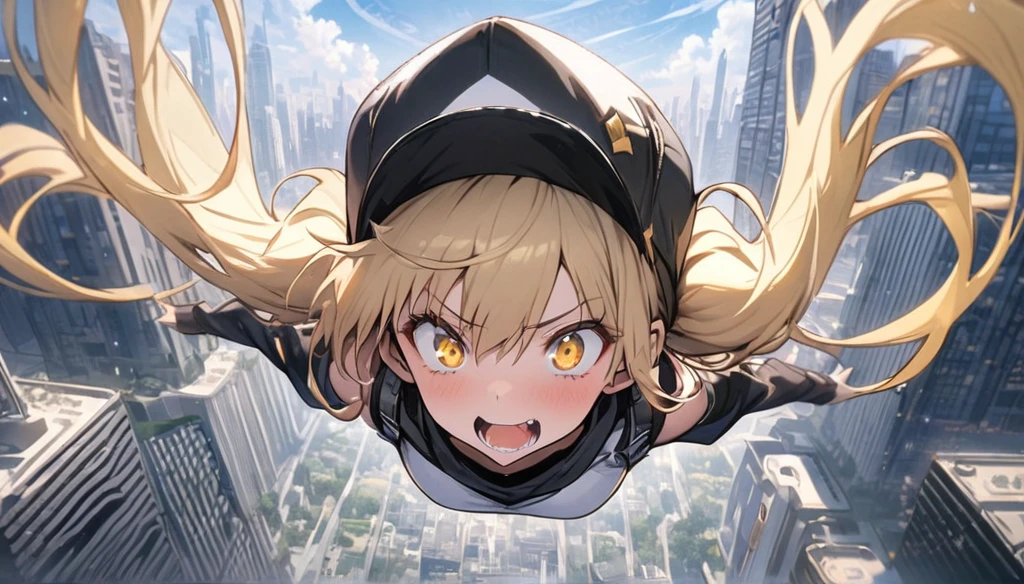 Vertical, sky scraper, zero gravity, city, masterpiece,Twin tails,Blonde,Yellow Eyes,Upside-down cap,Surprised face,There is a lot of writing in the background,Floating in the air