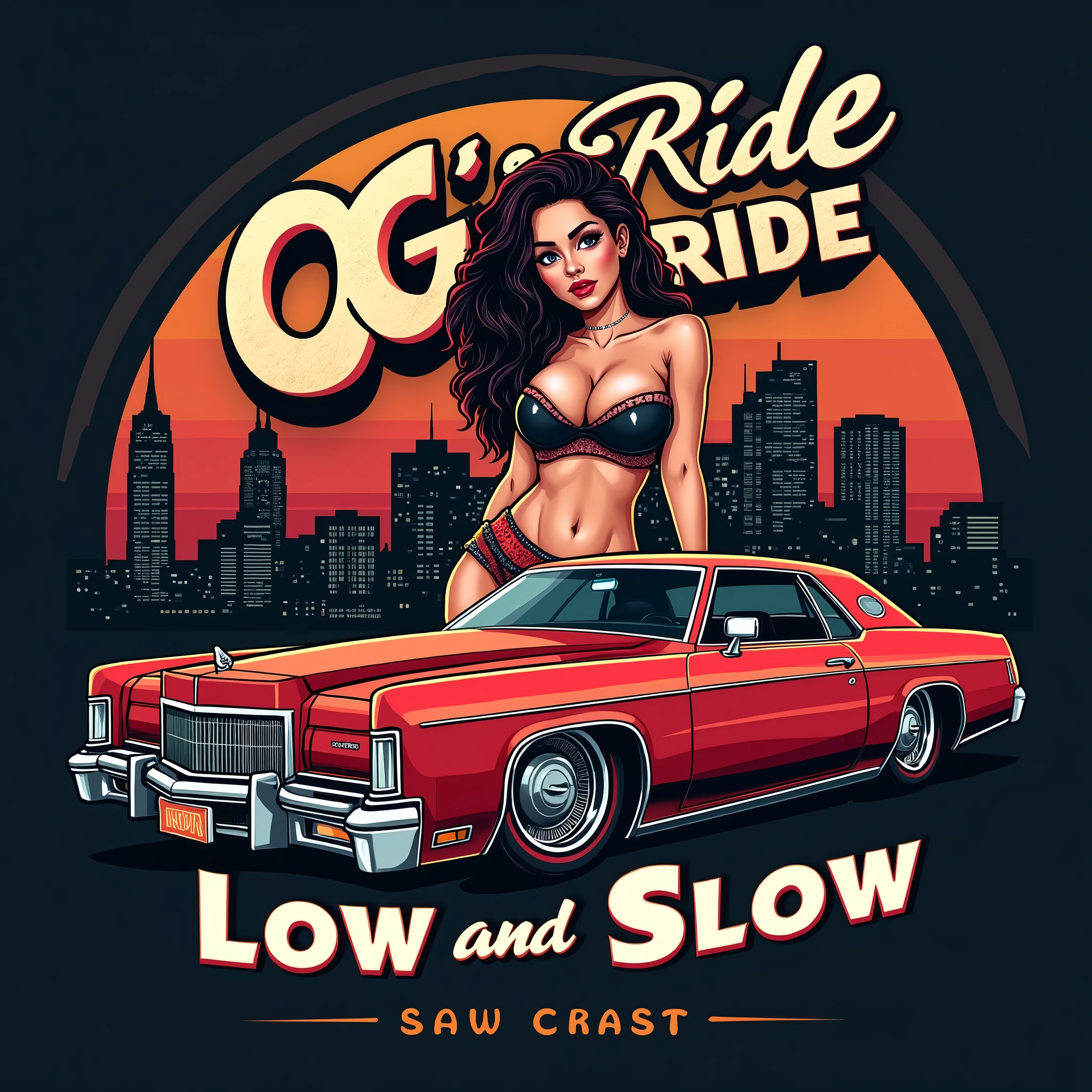 Design a logo for a t-shirt called "OG'S Ride Low and Slow" vector style The text "OG'S Ride Low and Slow" should be rendered in a stylized, cursive script with the words "Low" written in a larger, more prominent font, The logo should have low rider a red car 76 Lincoln Mark IV and a cartoon of a chicana gangster woman with a sexy outfit low rider style, SF City on the background The overall aesthetic should be raw, edgy, and attention-grabbing, blending the worlds of street art and high-fashion, gangster style west coast gangster style