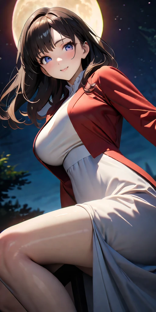 ((Highest quality、masterpiece、anime style、best quality、high resolution、8k、detailed、ultra-detailed:1.3))、Long legs:1.2, Beautiful woman with perfect figure:1.4、(Smiling:1.2), double eyelid、30-year-old female、((One Woman,beautiful face,Beautiful face、Japanes,night,upper body:1.2)),Big Breasts、High resolution, accurate, Anatomically correct, High-resolution model, high quality, Very detailed, Ultra high definition, Textured skin,((full moon,dynamic angle,looking at viewer,outdoor,dress:1.2)),starry skies