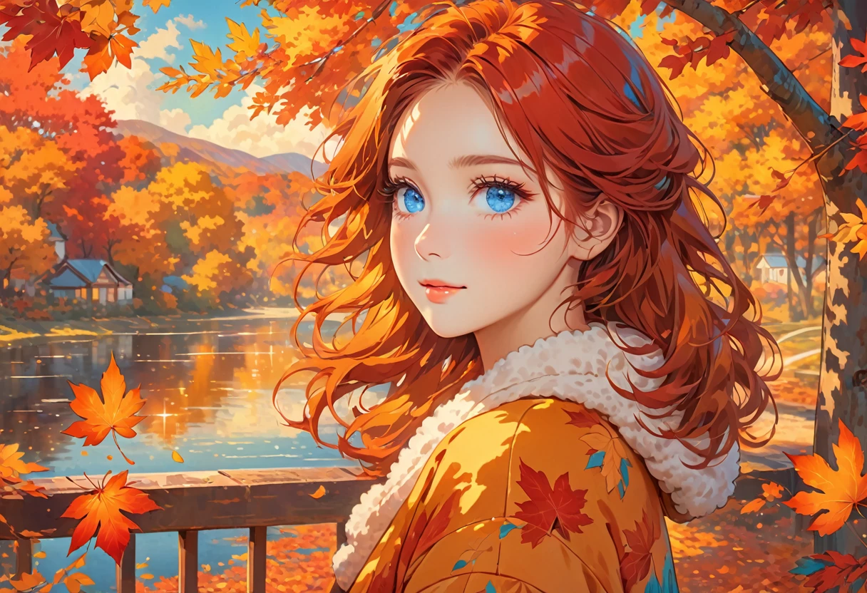 Bright colors, falling leaves, golden sunlight, cozy atmosphere, vibrant red and orange colors, soft and warm tones, calm atmosphere, gentle breeze, nostalgic mood, autumn leaves, calm expression, fluffy eyelashes, captivating look, red hair, blue eyes,