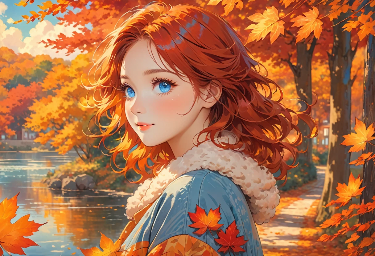 Bright colors, falling leaves, golden sunlight, cozy atmosphere, vibrant red and orange colors, soft and warm tones, calm atmosphere, gentle breeze, nostalgic mood, autumn leaves, calm expression, fluffy eyelashes, captivating look, red hair, blue eyes,