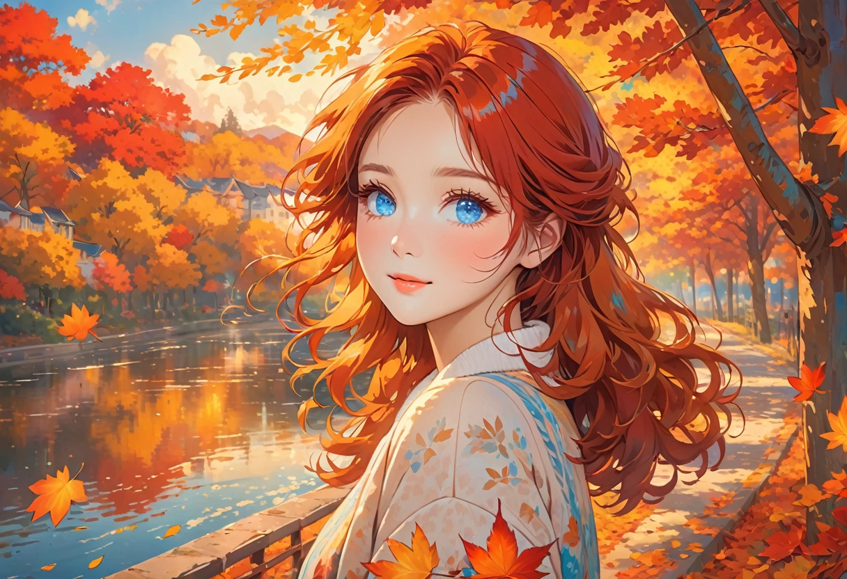 Bright colors, falling leaves, golden sunlight, cozy atmosphere, vibrant red and orange colors, soft and warm tones, calm atmosphere, gentle breeze, nostalgic mood, autumn leaves, calm expression, fluffy eyelashes, captivating look, red hair, blue eyes,