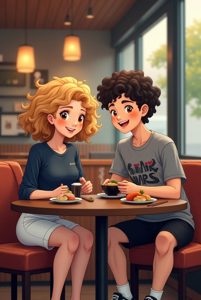 A girl with curly blond hair, white skin, light brown eyes smiling, wearing a dark blue blouse with elastic white tennis pants, next to a black guy with curly hair wearing a gray Star Wars blouse, black shorts and white socks, with sneakers with black and white details, in a restaurant, eating Japanese food elegantly, both . 