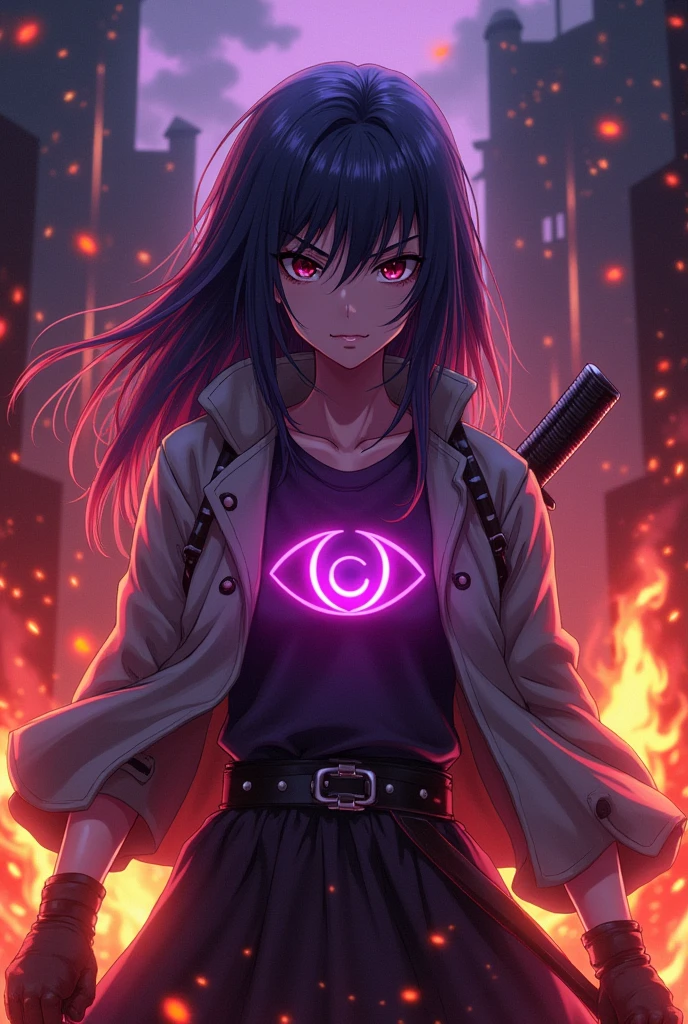 Female anime wearing an open jacket, holding a fiery katana, the words "Evil-Eye" glowing purple, wearing a half mask, the atmosphere of the castle on fire, full aura